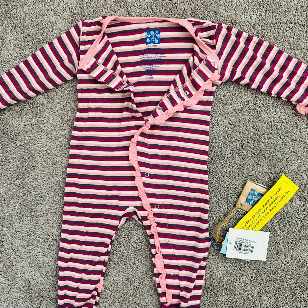 NWT Kickee Pants Stripe Ruffle Footie Pink Berry 12-18 months snap - Picture 2 of 7